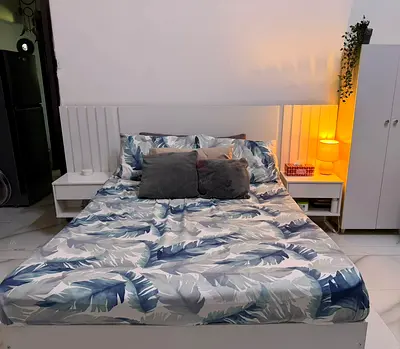 Double bed with attached night stand -clean modern set