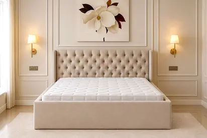 New Beige Upholstered Tufted King Bed Frame with Headboard