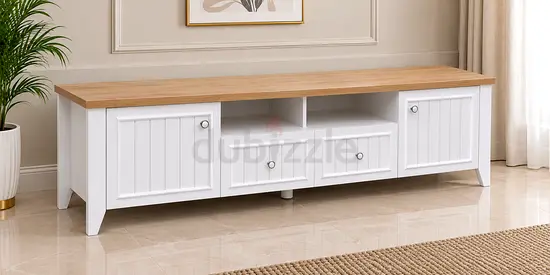 White Wooden TV Unit with Oak Top - 4 Storage Compartments