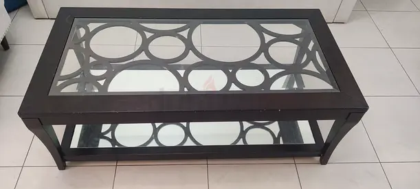 Glass Top Coffee Table with Lower Shelf - Dark Wood Frame