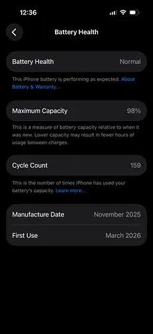iPhone with Healthy Battery — 98% Maximum Capacity