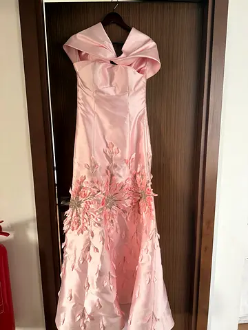 Light Pink Satin Evening Gown with Floral Embroidery, Size Unknown