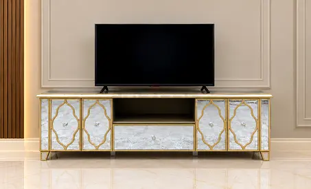 Elegant mirrored TV cabinet with gold trim -