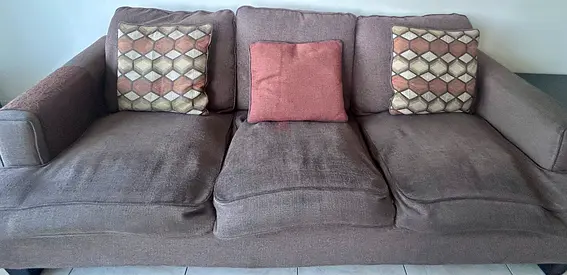 3-seater little worn out + 2 seater brown fabric sofa in good condition