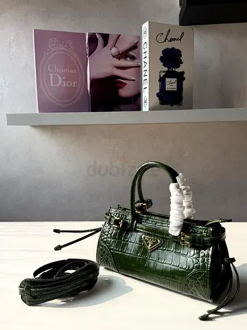 Dark Green Croc-Embossed Prada Shoulder Bag - Small