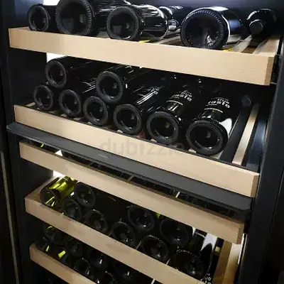 wine cooler fridge with wooden shelves