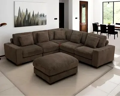 Large L-shaped Brown Velet Fabric Sofa 3+2 Seater