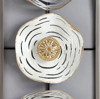 Set of 3 Decorative Metal Wall Sculptures - White Grey & Gold Floral Plates: 25*61*4cm