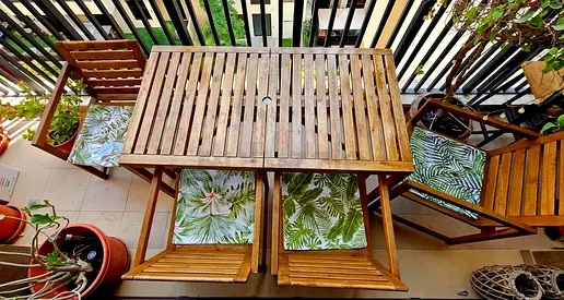 IKEA Nammaro wooden balcony table 140x75 cm, with 4 matching Nammaro chairs — good condition.