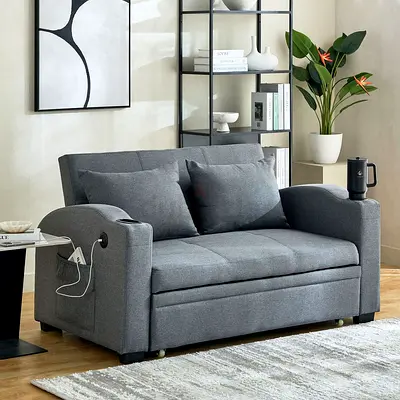 New Morgan 2-Seater Pull-Out 2-Cushion Sofa Bed with 2 Cup Holders and C-Type USB Port
