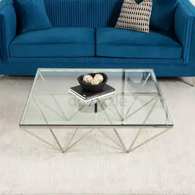 Glass Top Geometric silver Coffee Table + 2 side tables - Modern Living Room
