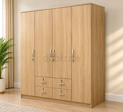 4-Door Wooden Wardrobe with Drawers - Light Oak Finish