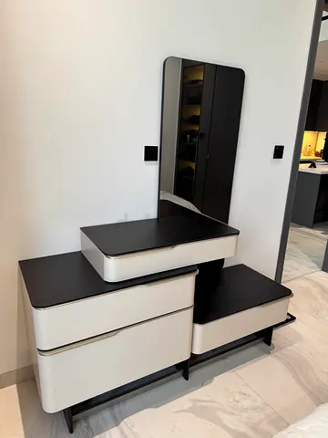 Modern white and black dresser with mirror and storage bench - excellent condition