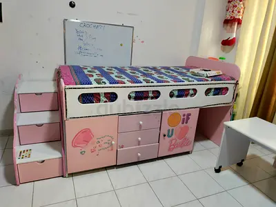 Pink Barbie-themed loft kids bed with storage drawers, study table and steps includng matress
