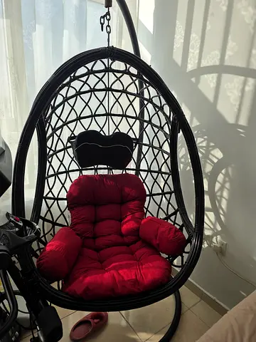 Black Rattan Egg Hanging Chair with Red Cushion & Stand