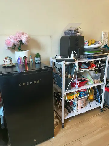 Geepas Mini Fridge - Compact Single Door, Good Working Condition + kitchen shelf