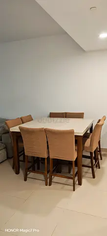 Solid Wood High Dining Table with 8 Upholstered Chairs - Light Beige