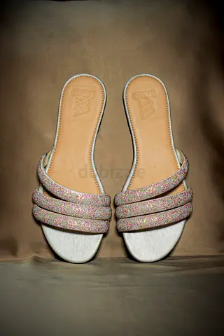 Light pink glitter flat slide sandals, size 39 - gently used