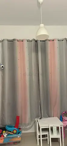 Pair of grey-pink blackout curtains with subtle dots - good condition