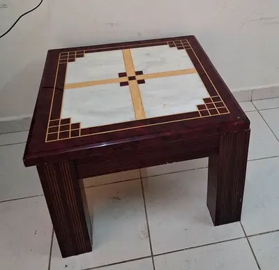 Solid wood square side table with decorative marble top