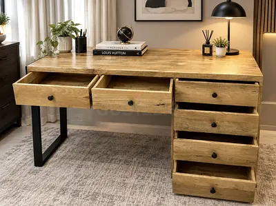 Solid Wood Desk with 6 Drawers and Metal Leg - Rustic Finish