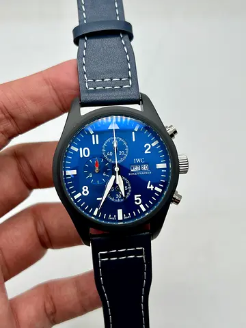 IWC-style Pilot Chronograph Watch with Blue Dial and Leather Strap