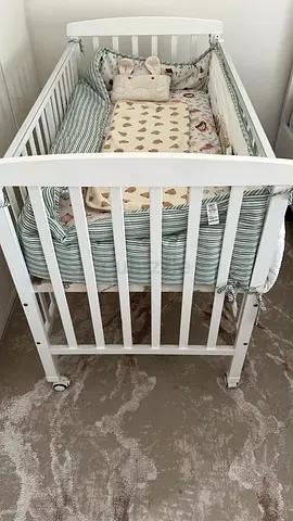 White Wooden Baby Crib with Mattress  - Good Condition