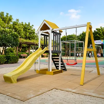 Wood Kids Outdoor Swing Set with Slide and climbing set- Size: 293x323.5x260 cm.