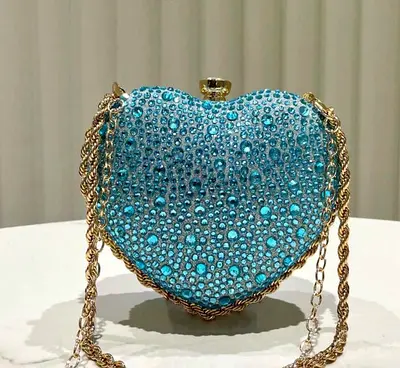 Bedazzling Blue Heart-Shaped Crystal Clutch with Chain