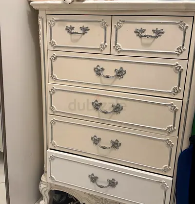 Vintage white wooden chest of drawers – 5-drawer ornate dresser and sliding door wardrobe from ikea