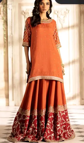 Ethnic - Rust Orange Embroidered Pakistani/Indian Sharara Set - Size M-L