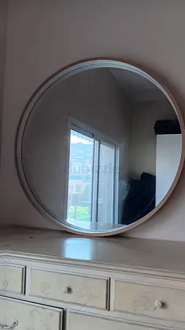 Large Round Wall Mirror with Wooden Frame — Good Condition