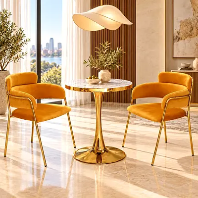 Elegant 2 Seater Dining Set – Round Gold Table with Velvet Armchairs