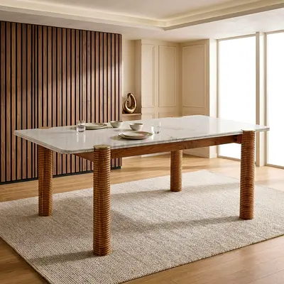 New Cavon Caretto 6-Seater Genuine Marble Top XL Dining Table with Solid Wood Base