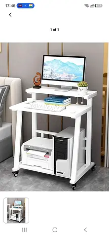 Compact White Mobile Computer Desk with Shelves and Wheels