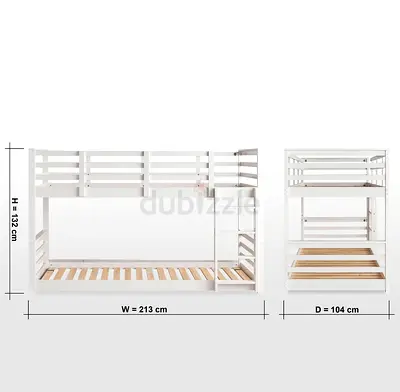 White Wooden Double Bunk Bed with Ladder - Solid Frame (213x104x132 cm)