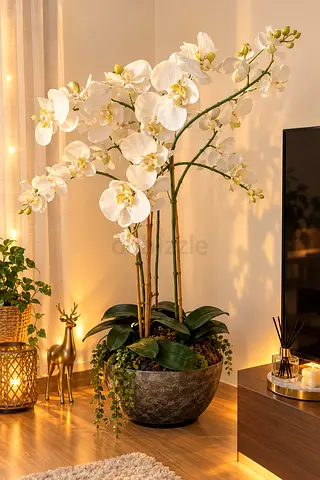 Large Realistic White Phalaenopsis Orchid Arrangement in Decorative Pot