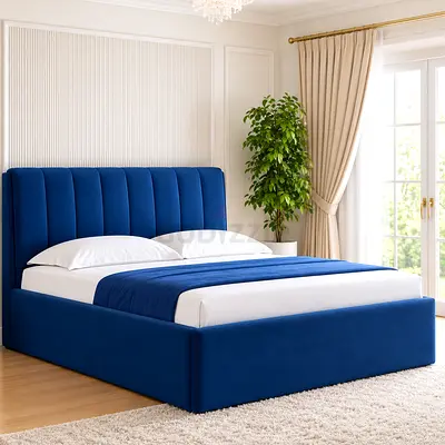 New Blue Upholstered Queen Size Bed with Padded Headboard and mattress