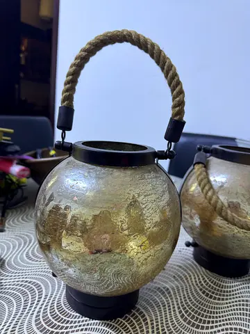 Pair of Vintage Brass Hanging Lanterns with Rope Handles, Originally Purchased from Home Centre.