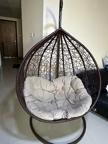 Brown Rattan Hanging Egg Chair with Cushion - Freestanding Stand