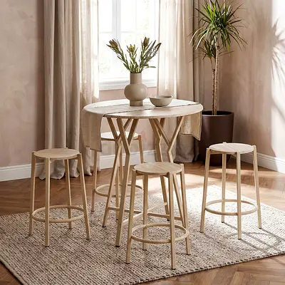 New Movo Elga 4-Seater Round Travertine-Finish Dining Set