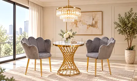 Luxury 2 Seater Dining Table Set – Round Table with Grey Velvet Chairs