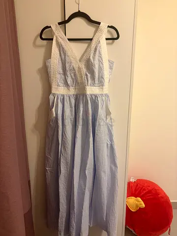 Sandro Light blue and white striped summer dress with smocked straps - size S