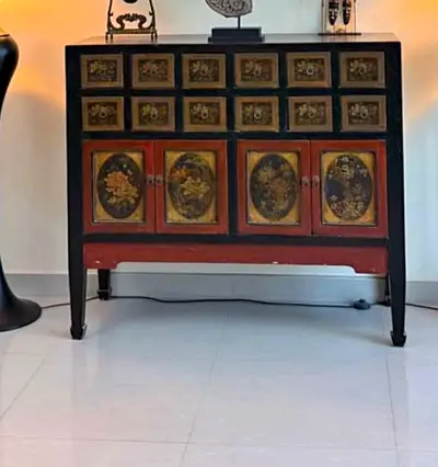 Vintage Hand-Painted Asian Wooden Cabinet / Sideboard