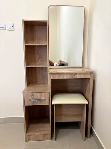 Wooden Dressing Table with Mirror, Shelves and Stool - Light Oak