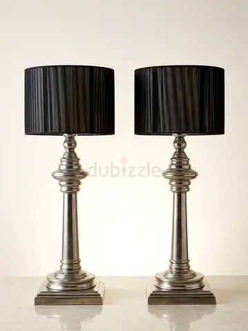 Pair of Vintage Hollywood Regency Style Chrome Finish Table Lamps, Black Pleated Shades (75 cm H)
