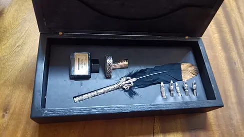 Vintage Feather Quill Writing Set with Ink and Nibs in Wooden Box