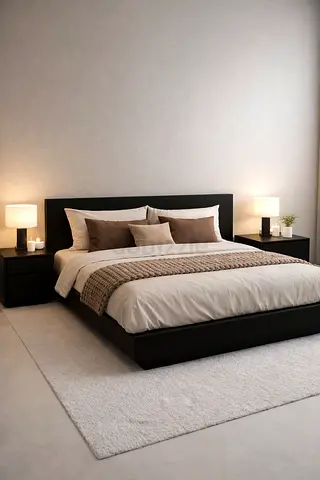 Modern low-profile queen bed with matching bedside tables