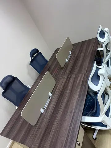 4-Seat Office Workstation Desk with Chairs and Privacy Screens - Dark Wood