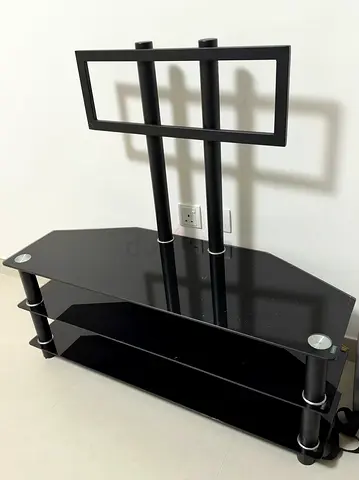 Black Glass TV Stand with Mount and Shelves - Modern Corner Unit